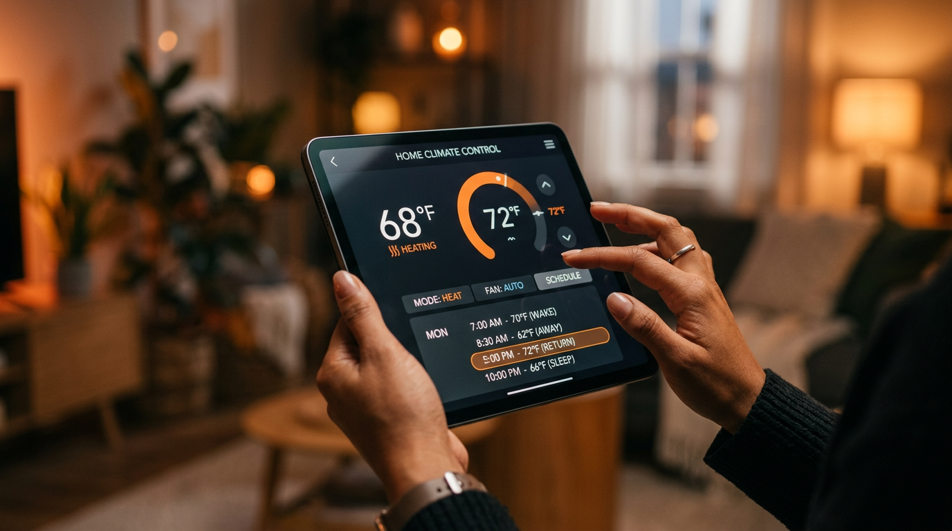 Homeowner using a tablet to control a smart home climate system in a warmly lit living room